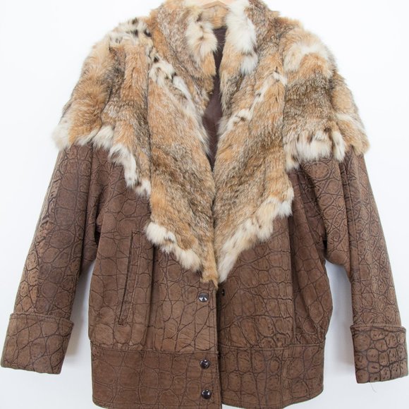 Unisex Leather Real Fur Collar Jacket Bomber Brown Large - Picture 1 of 11